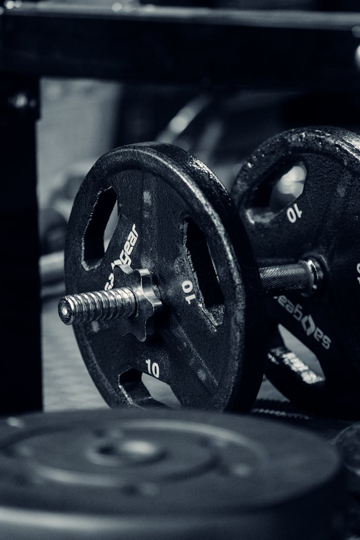 Iron adjustable dumbbell with heavy metal disks and grips placed on floor in gym
